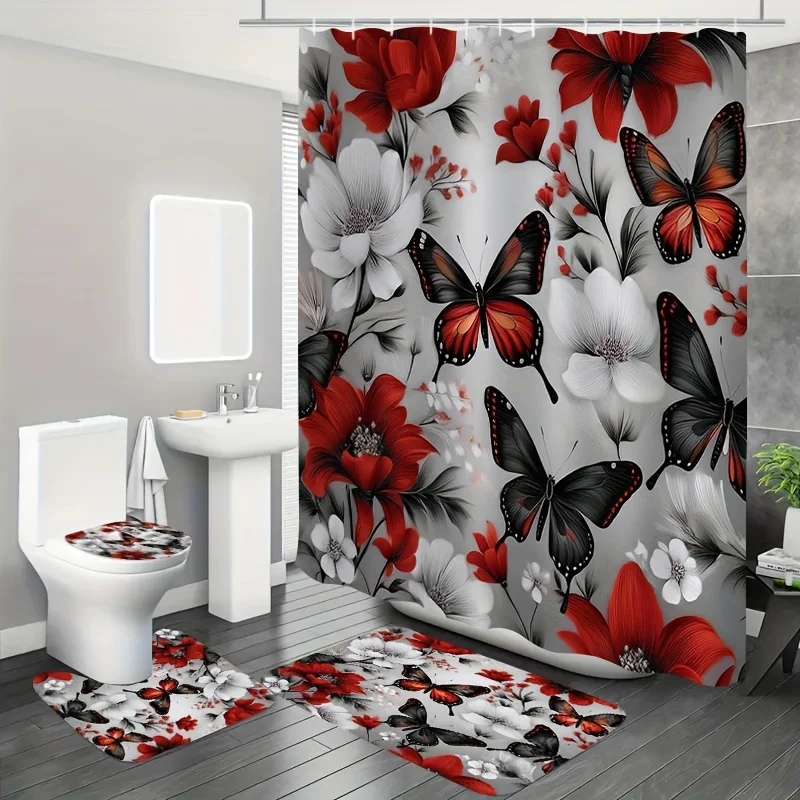 

4pc Red flower, black butterfly, gray and white pattern polyester fabric shower curtain toilet mat non-slip mat U-shaped mat