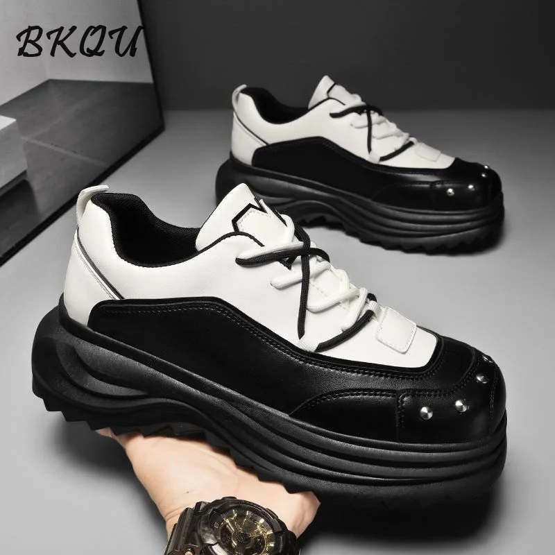 

BKQU Derby Shoes Men 2024 Autumn New Thick Soles Increase Daddy Shoes with Personality Lace-up Casual Shoes Rivet Decoration