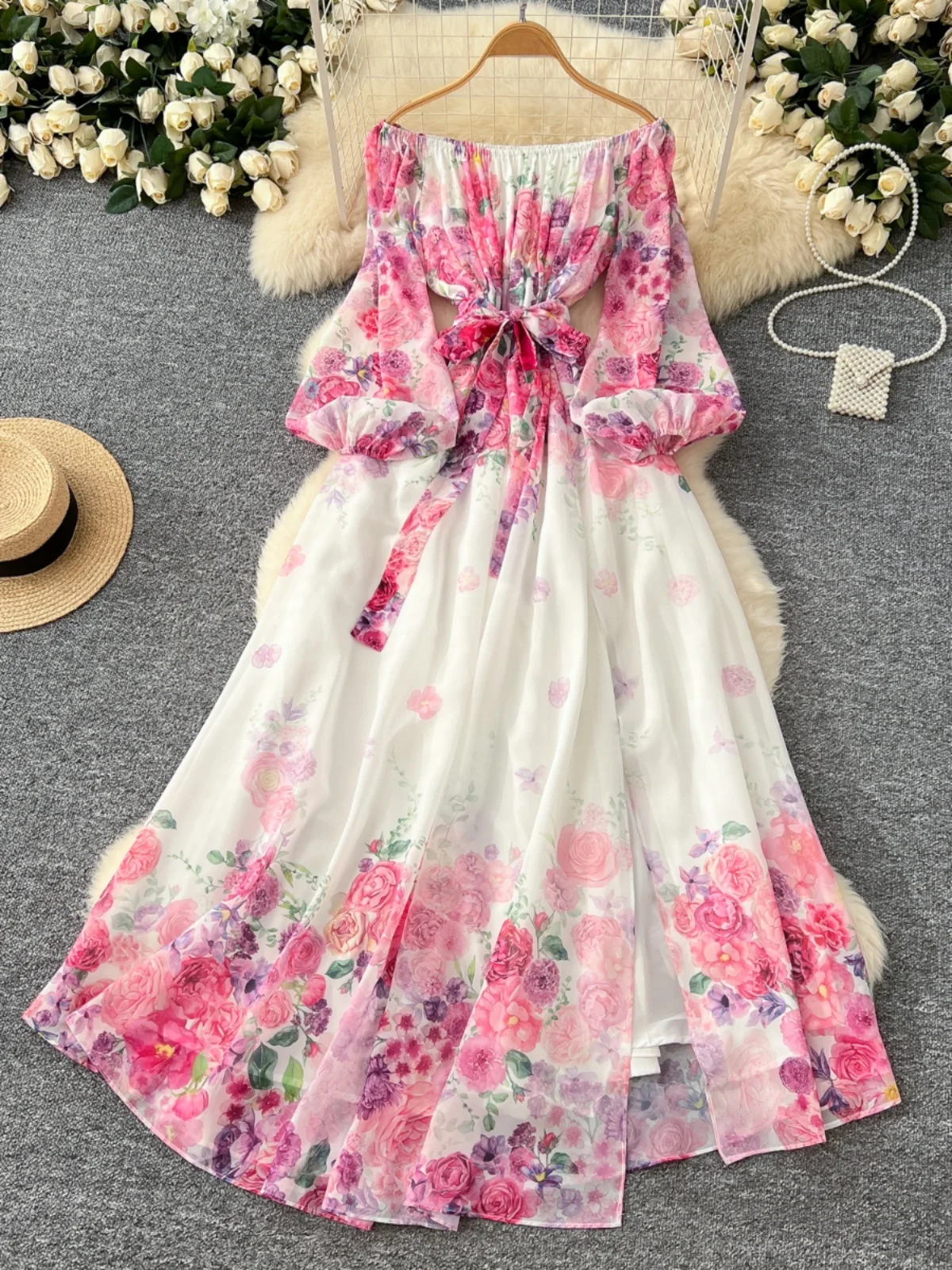 Spring Break Sle หนึ่งไหล่ผูกเอวโคมไฟ Sve พิมพ์ชีฟองยาว Dr เอวสูง A-Line เวอร์ชั่นเกาหลีเดินทาง