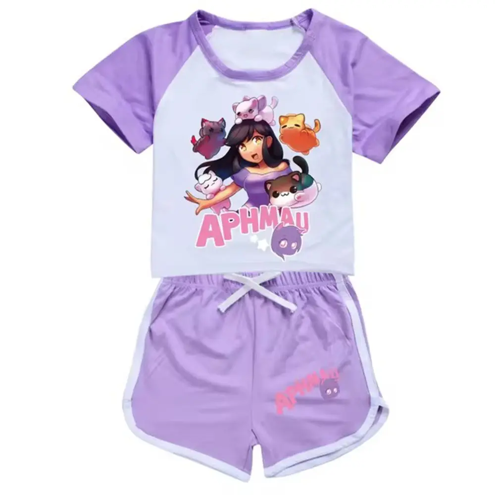 Kawaii APHMAU Cat Clothes Kids Aaron Lycan T Shirt Baby Girls Short Sleeve Tops Shorts 2pcs Sets Toddler Boys Boutique Outfits