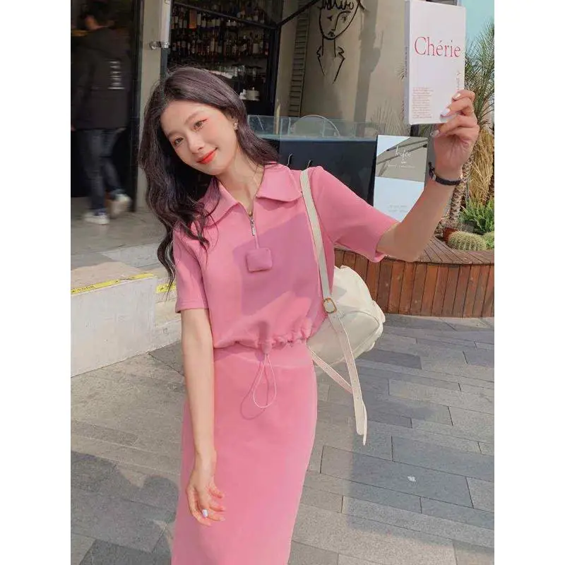 

Summer New Women's Faion Casual ort T-irt Skirt Two Piece Set Polyester Fabric Seven-Foot Sve Collar Zipper Clo...