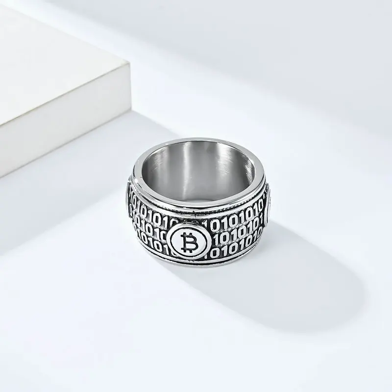 Men's Stainless Steel Hip-Hop Style Bitcoin Pattern Ring Fashionable Men's Accessory for Digital Currency Enthusiasts