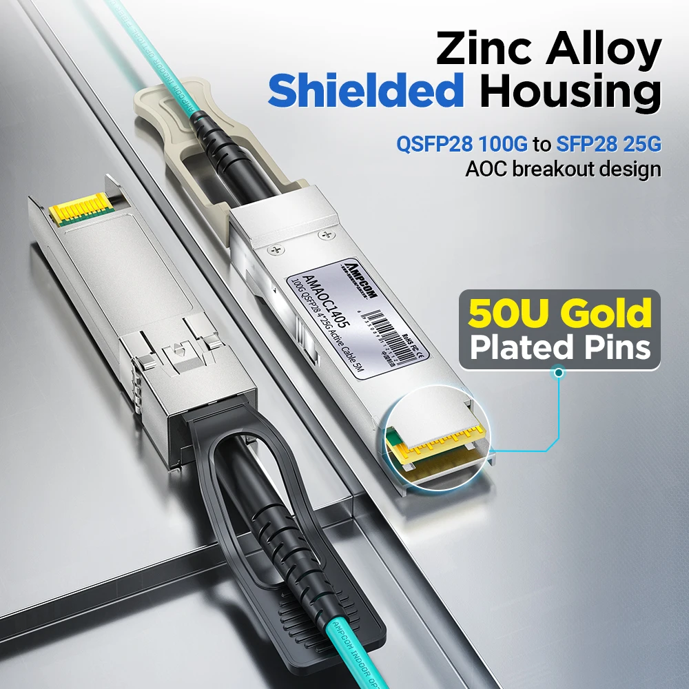 AMPCOM 액티브 광 케이블, 시스코, 미크로틱, 포티넷, 유비퀴티 등용 AOC 어셈블리, 100G QSFP28-4x25G SFP28 브레이크아웃