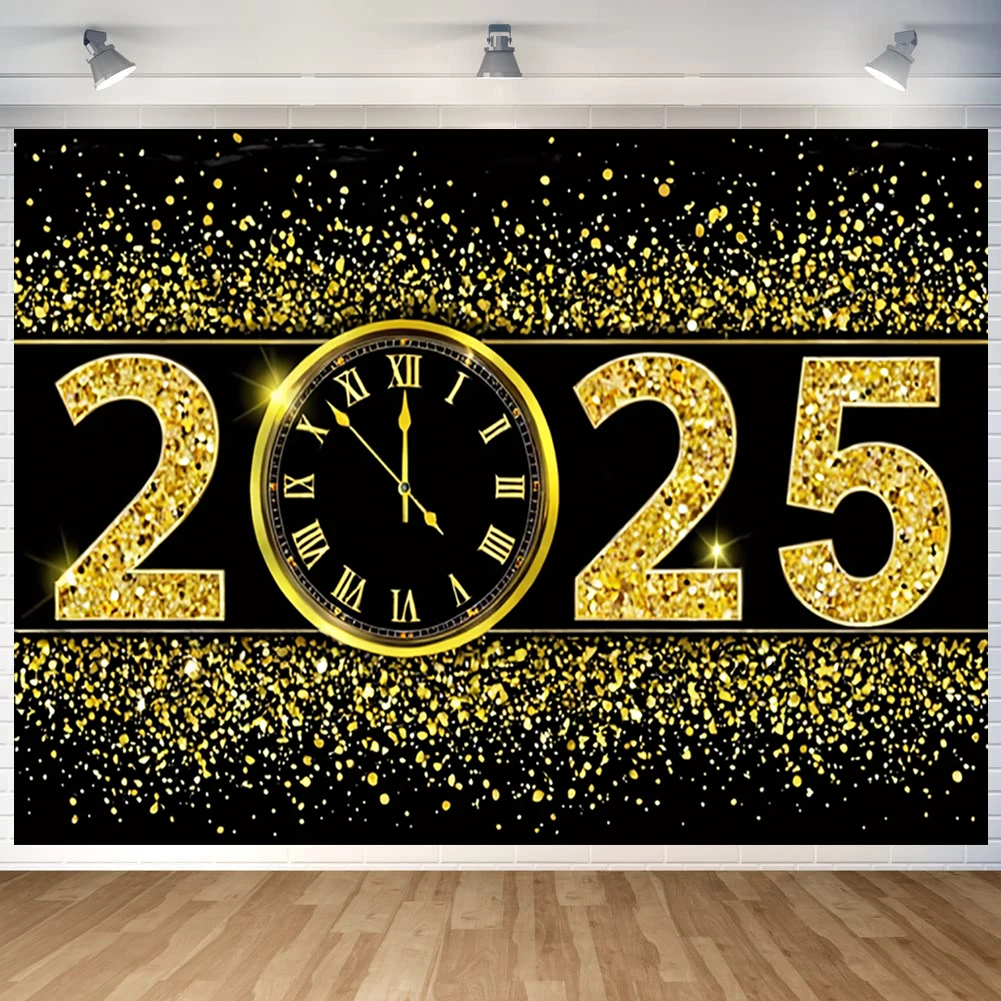 2025 Happy New Year Theme Party Background Golden Fireworks Clock Balloon Family Party Banner Decoration Photography Background