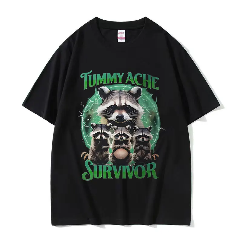 

Tummy Ache Survivor Graphic T-shirt Funny Raccoon Meme Loose O-Neck Short Sleeve T Shirts Unisex Casual Oversized Cotton T Shirt
