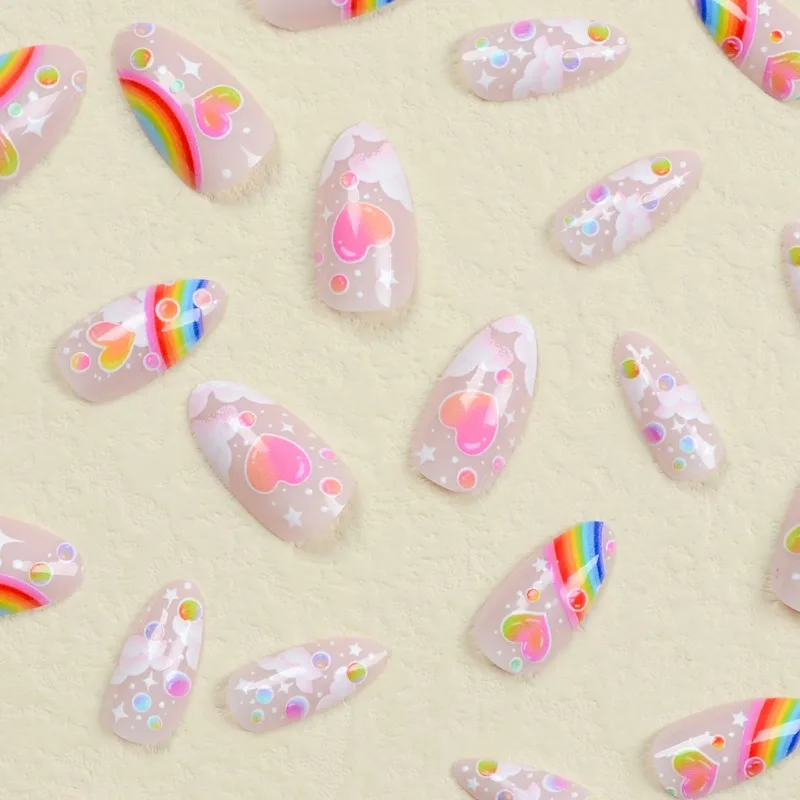 Rainbow Cloud Design Full Cover Nail Tips, unhas postiças de amêndoa longa, pressione as unhas, rosa, francês, verão, 24pcs set