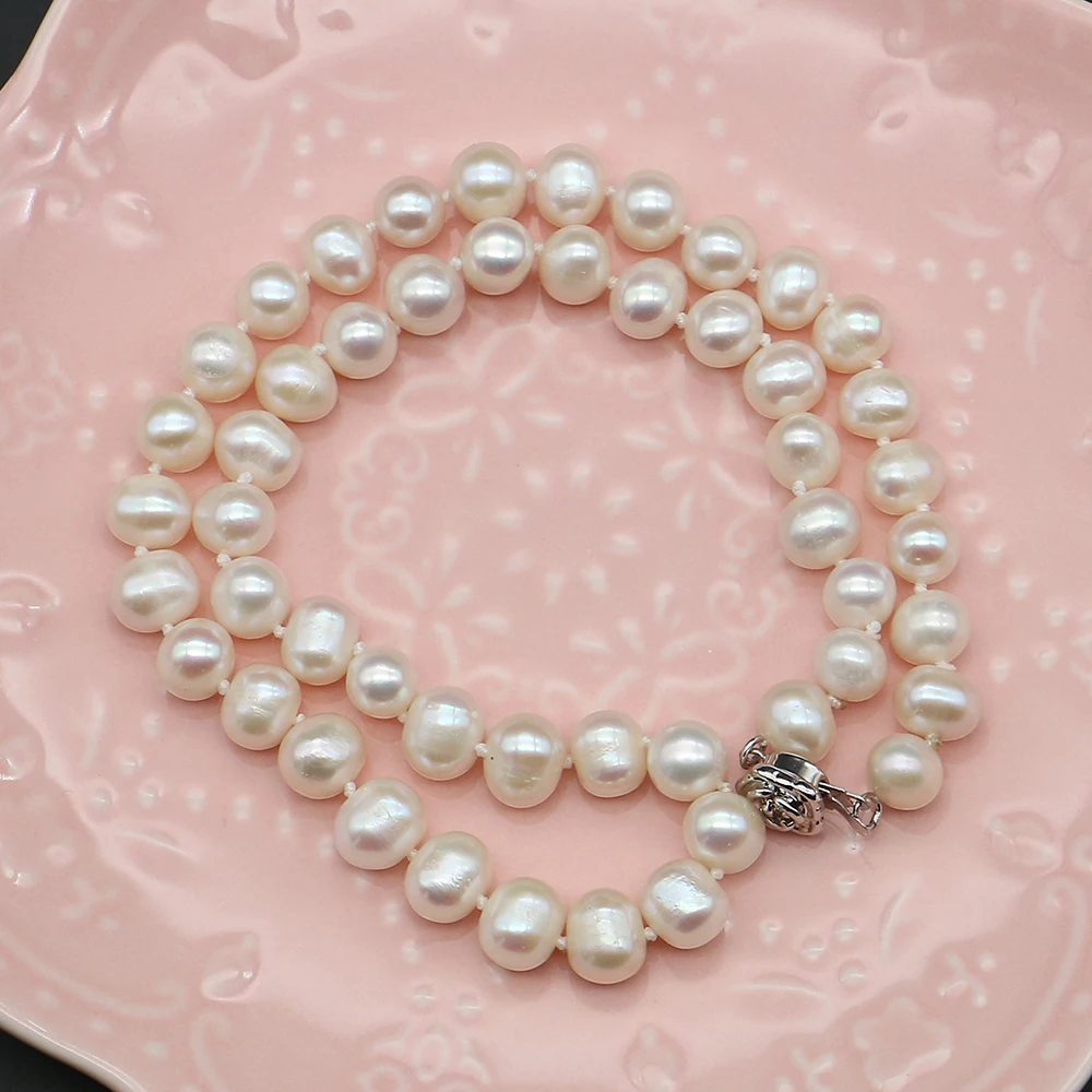 White Natural Freshwater Pearl Irregular Round Bead Necklace 8-9mm Baroque Pearl With Flower Shape Clasp Accessory Necklace Gift