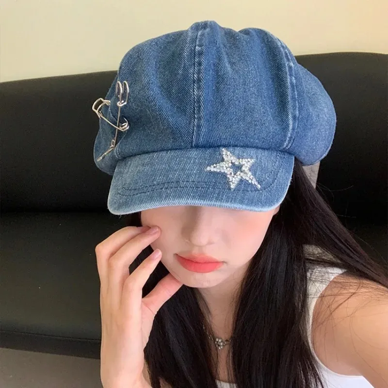 Star Pin Denim Beret Hat Spring and Summer Y2K Big Head Flash Diamond Women's Niche Trend Retro Octagonal Short Brim Newsboy Cap