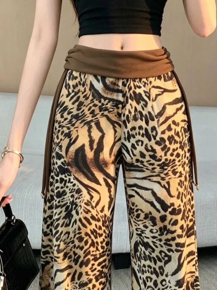 

Pants Coffee Leopard Print Chiffon Summer Thin Designer Gathered Low Waist Draped Straight Fit Floor Length Wide Leg Trousers