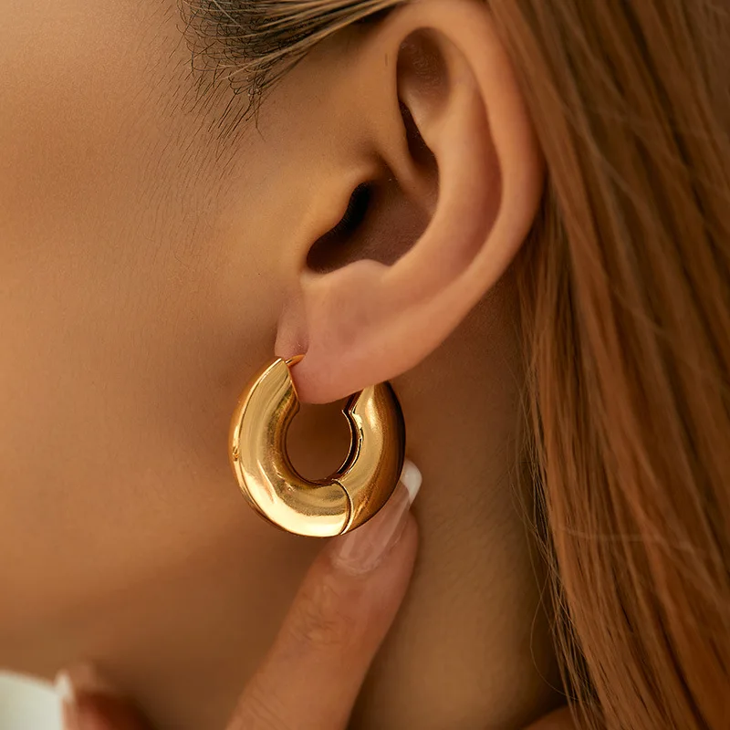 

Vintage Stainless Steel Chunky Round Earrings for Women 2024 New Flat Shape Gold Color Geometric Ear Hoops Earring Jewelry Gift