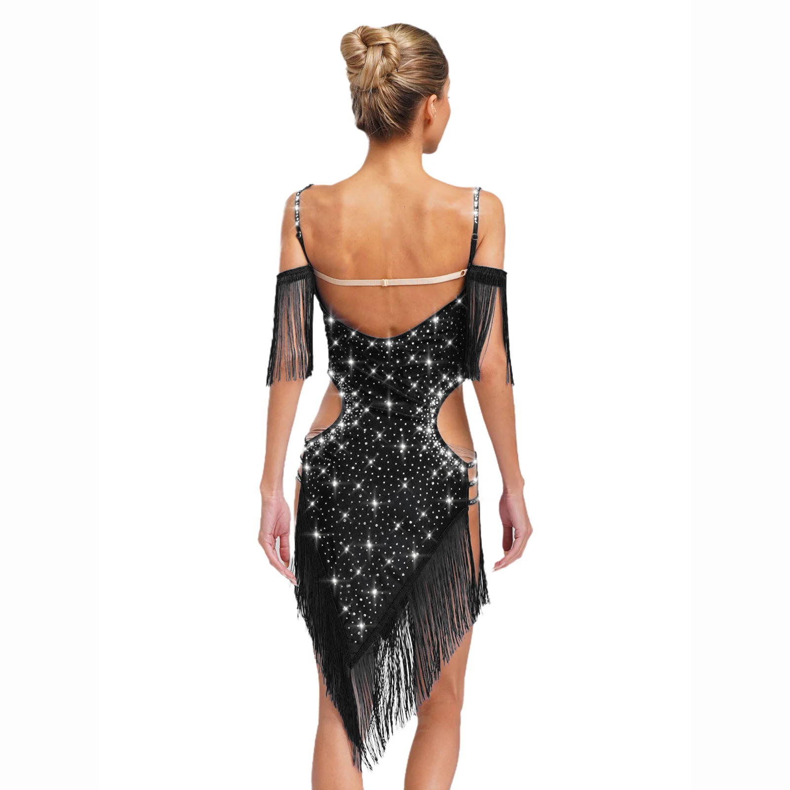 大人のラテンジャズダンス衣装女性サンバルンバチャチャパフォーマンスダンスウェアスパゲッティストラップフリンジ光沢のあるラインストーンドレス