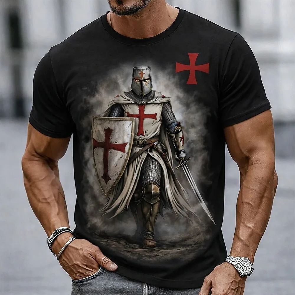 Fun Crusader Knight 3D Printed Men Women Fashion Casual Round-neck Loose Short-sleeved T-Shirt - Hip-Hop Trend Retro Family Wear