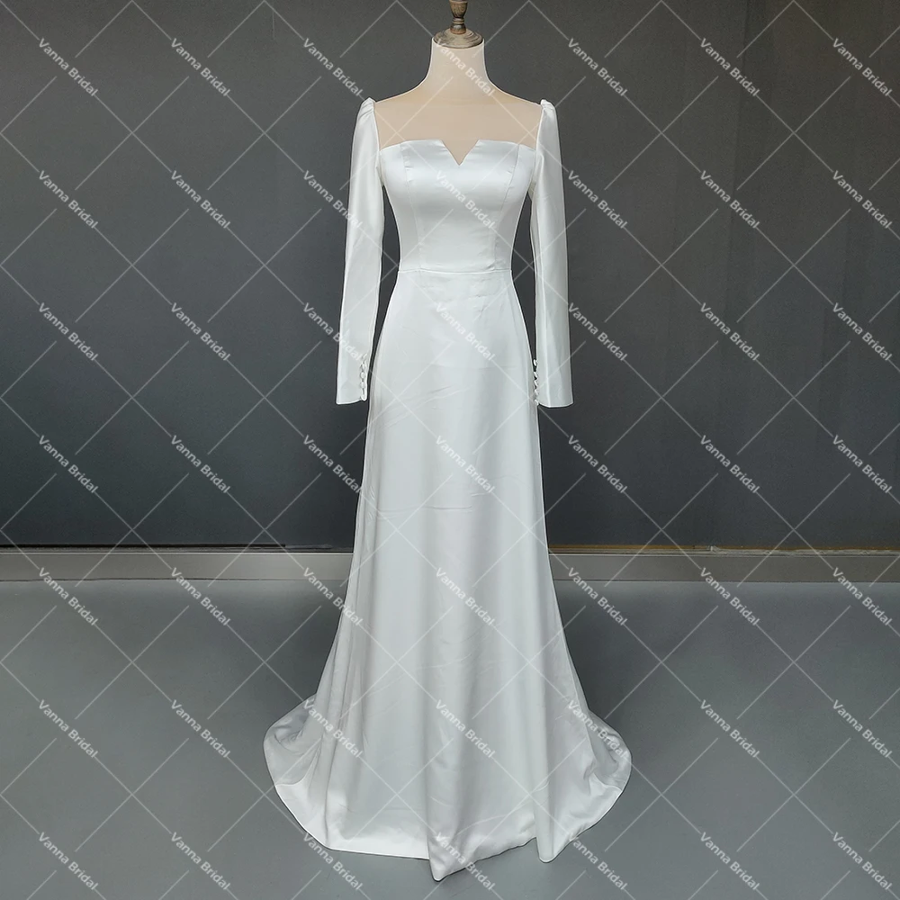 Vestido de novia de tirantes finos, prenda sencilla de satén, ajustada, con botones hasta el tobillo, talla grande