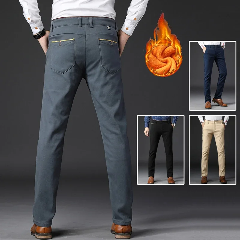 

Зимние мужские корейские модные прямые брюки, зимние теплые утепленные повседневные брюки, новые флисовые облегающие деловые брюки