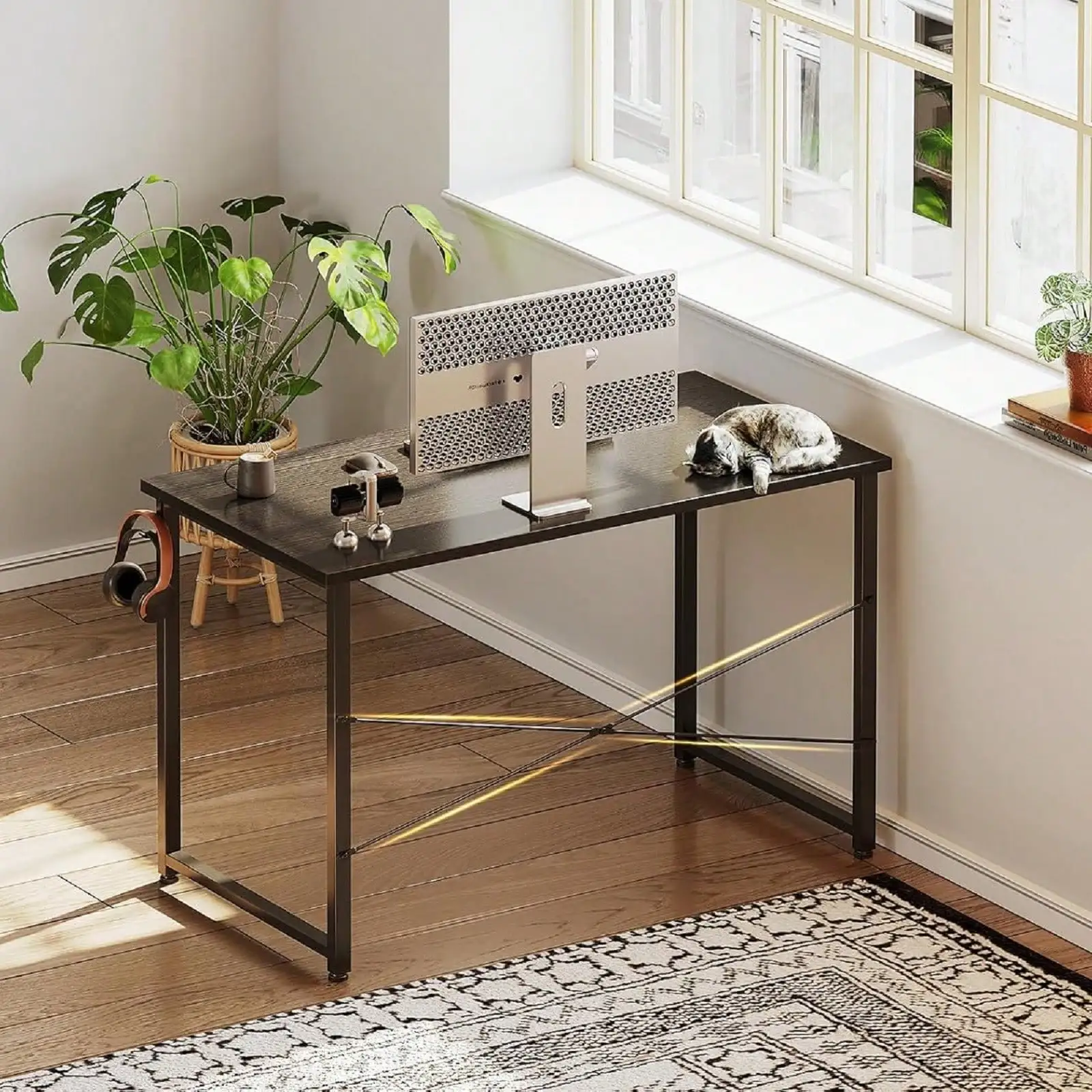 

Небольшой компьютерный стол 40 дюймов для домашнего офиса, письменный стол для учебы и работы в небольших помещениях, стол с крючками для наушников, черный