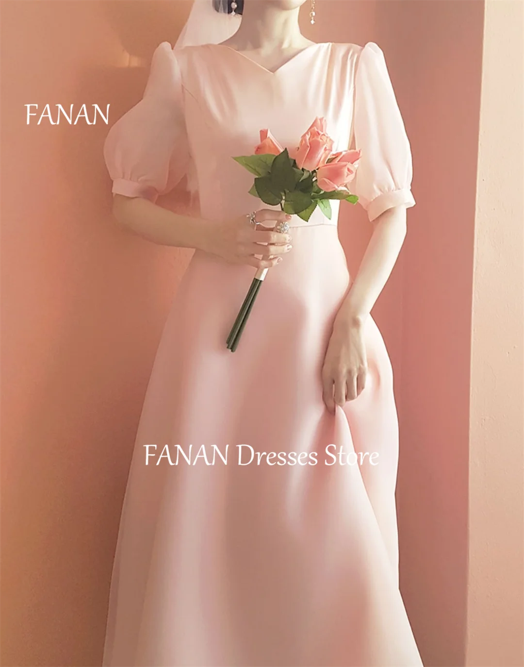 Fanan V-Ausschnitt Organza kurze Ärmel einfache Abend party Kleider Vintage Korea rosa Hochzeit Frauen formelle Kleider Event Ballkleider