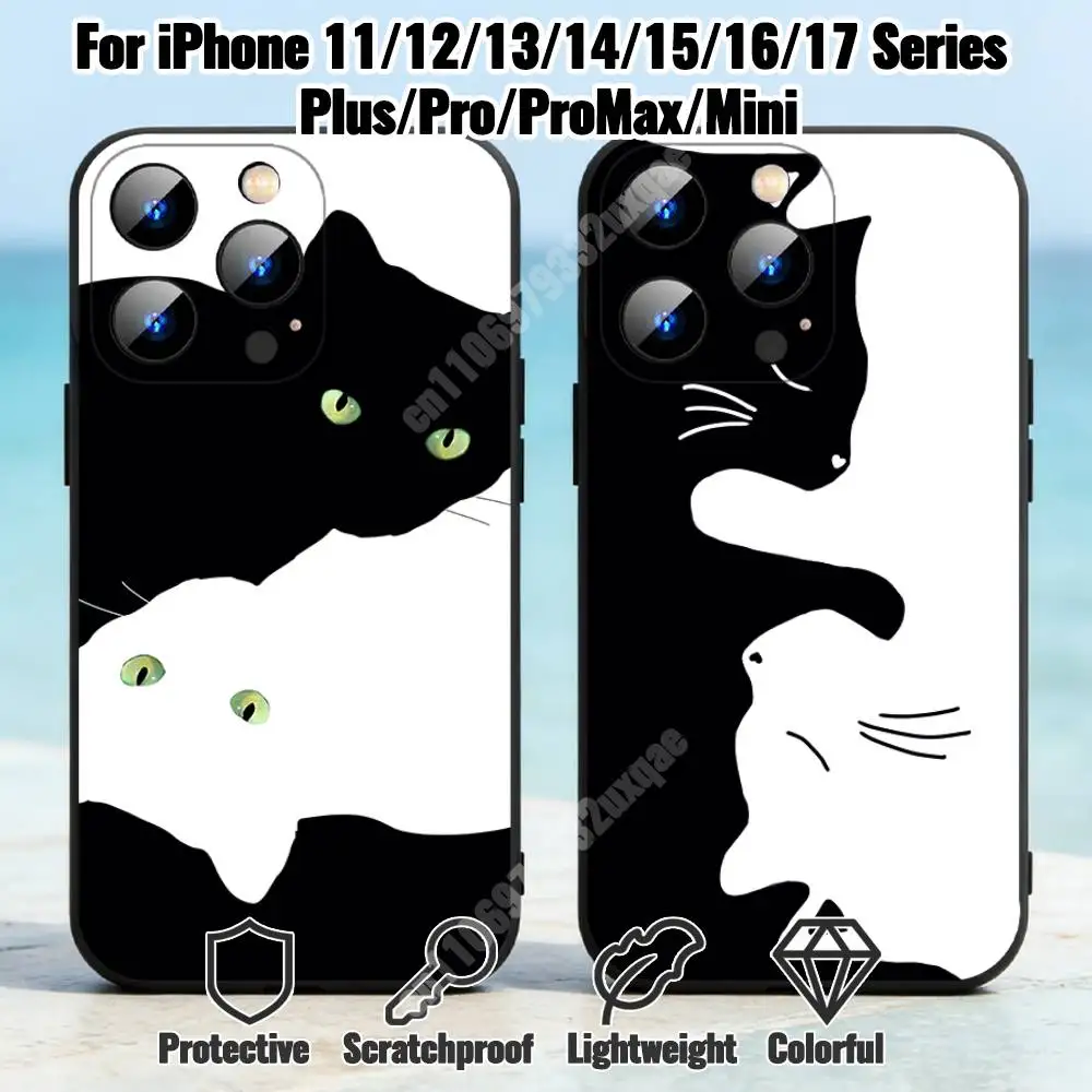 Cartoon Black White Cat Phone Case for iPhone 17 16 Pro Plus Air 15 14 Max Mini 12 11 Soft Shockproof Cover