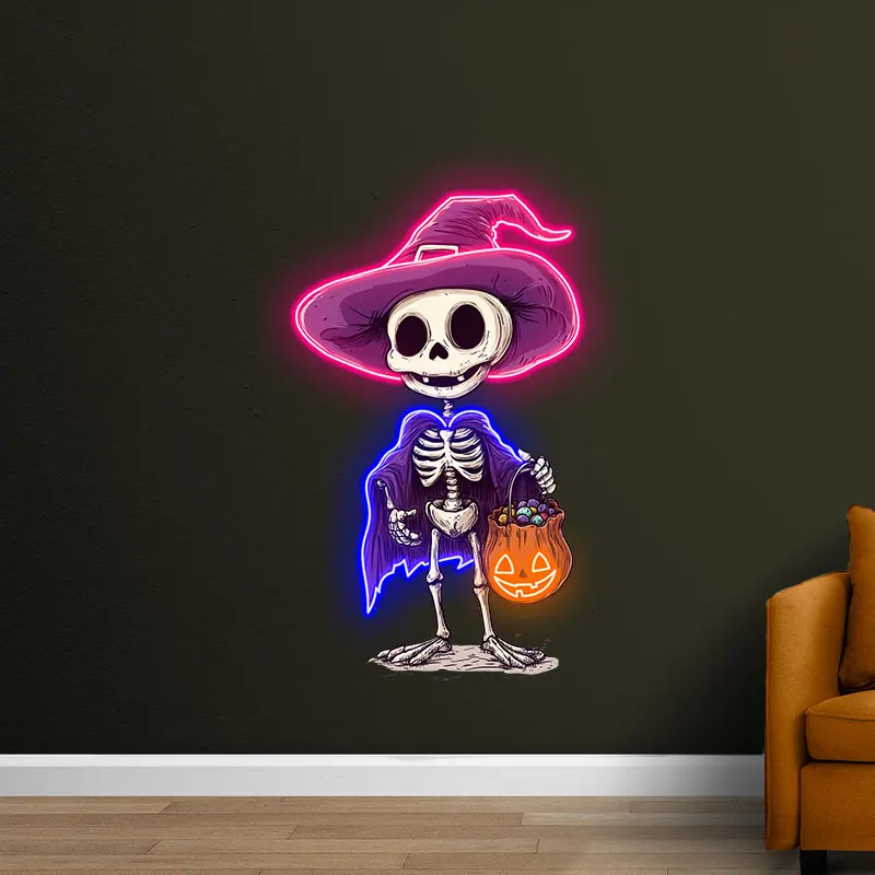 Spooky Skeleton Trick-or-Treat Neon Sign, Halloween Design with Witch Hat & Candy Pumpkin, Perfect for Party Decor,Haunted House