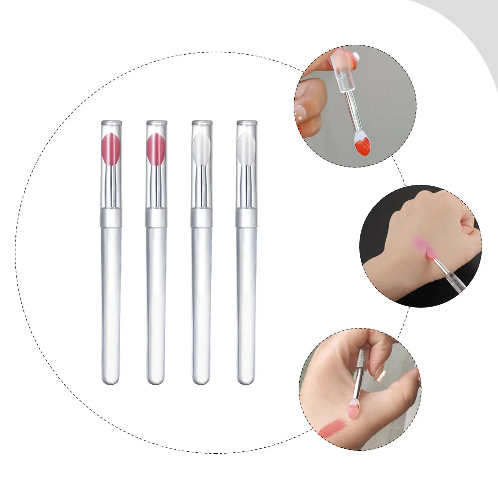 4 Pcs Mini Silicone Lip Brush with Lid Glitter Makeup Applicator Transparent Plastic Handle Mask Spoons