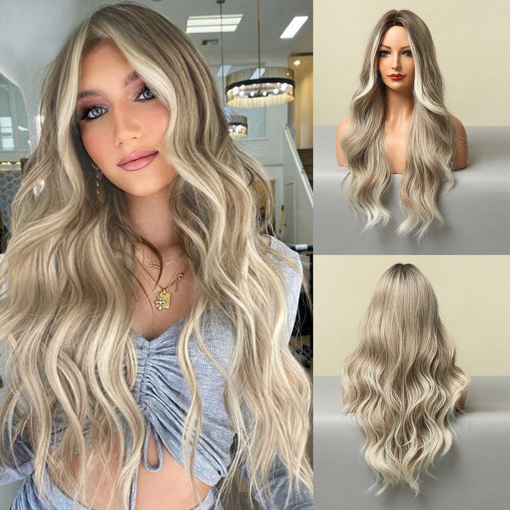 

Wig big waves in the middle of smoke gray gradual change gold European and American Douyin women's fiber hair whole top long cur