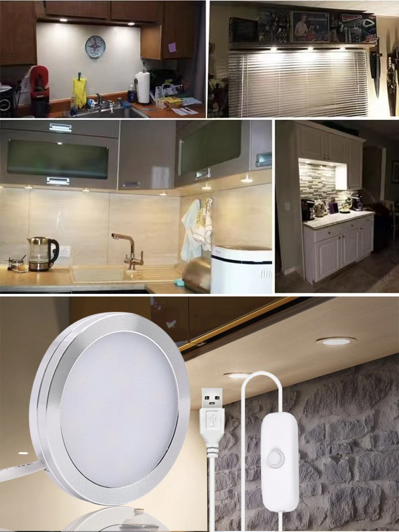

5V push-button switch circular LED cabinet light, 5V panel light, thin display cabinet without opening holes, cabinet and wardro