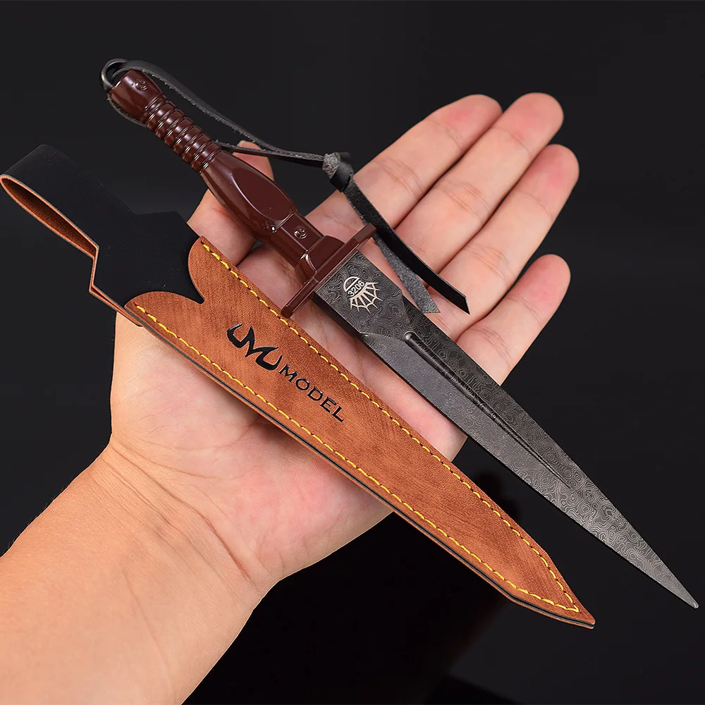 22cm Damascus Assault Dagger Medieval Weapon Model Sword All Metal with Holster Steel-grained Home Ornament Collections Gift Toy