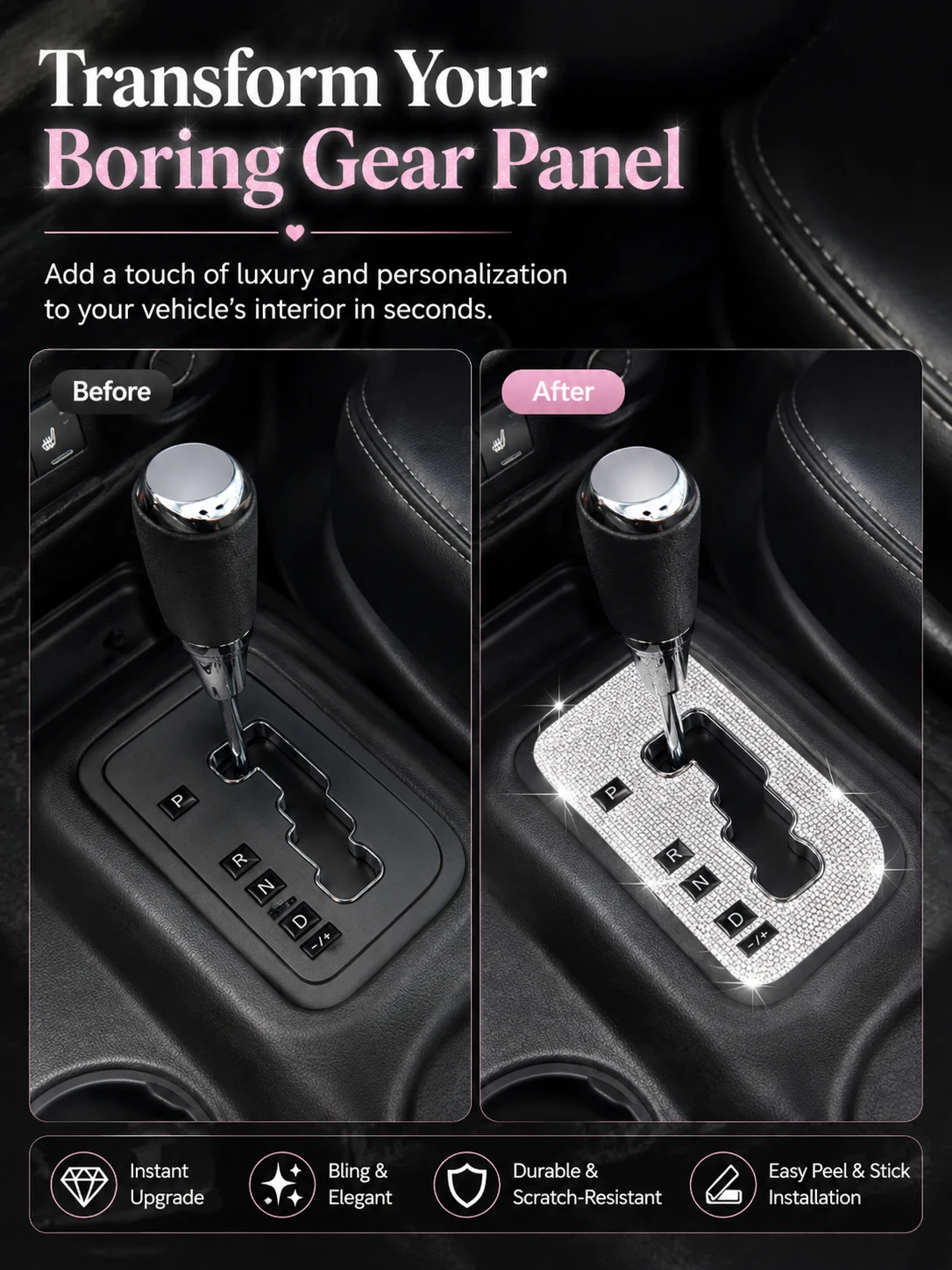 Bling Crystal Gear Shift Panel Sticker, Rhinestone Automatic Transmission Console Decal, Peel & Stick Car Interior Trim