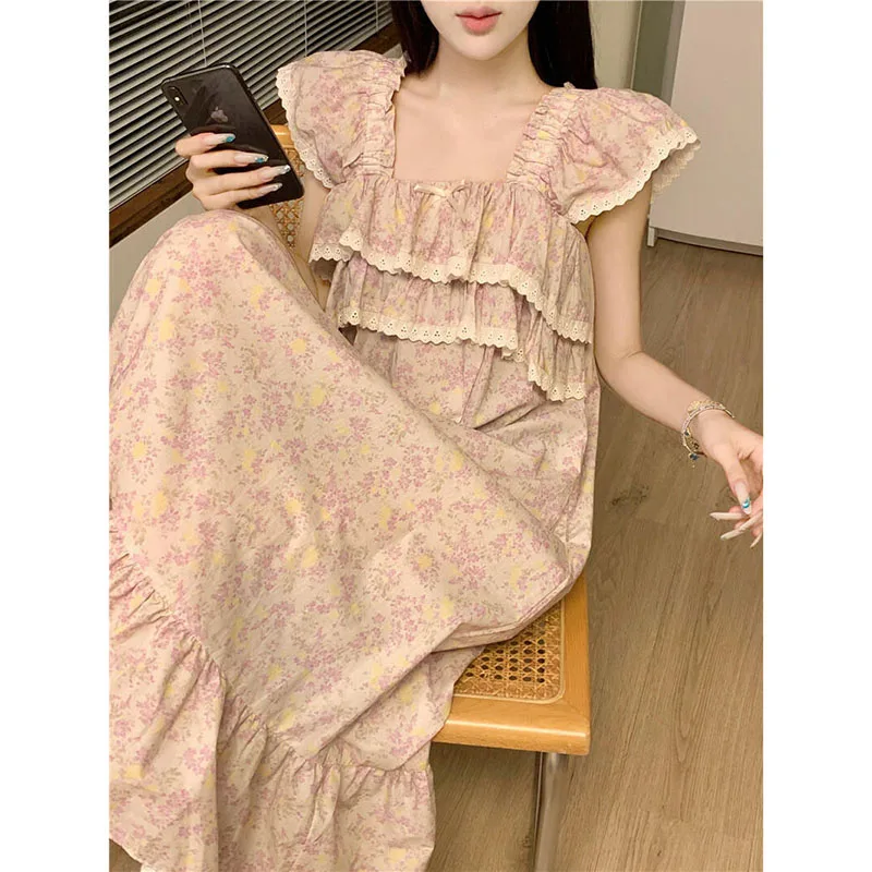 Ruffle Women Nightgown Sleepwear Lace Short Sleeve Night Dress Summer Bow Night Wears Korean Square Collar One Piece Pajamas New