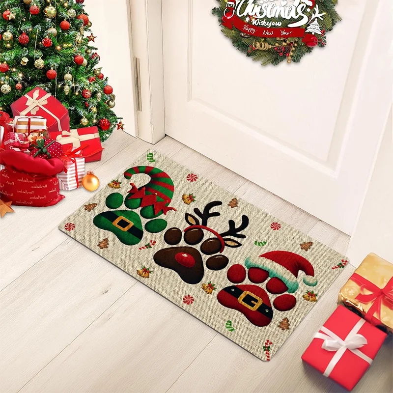 Santa Hat Elf Antlers Paw Print Welcome Doormat Non Slip Washable Rug For Bedroom Living Room Home Decor