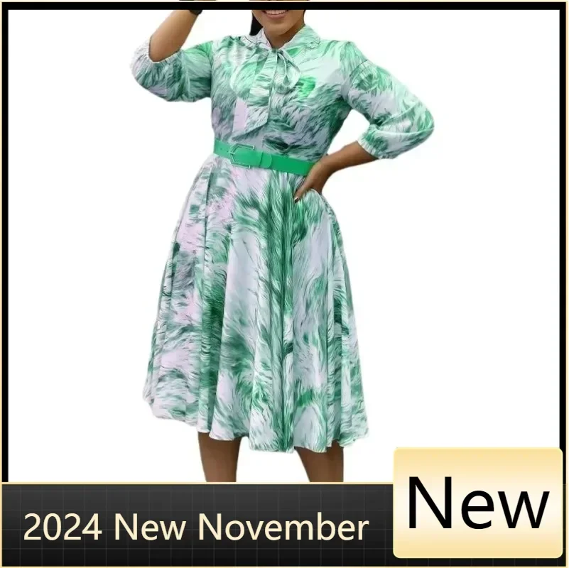 

Customized Elegant Dress Women for Wedding Party Autumn Fashion African 3/4 Sleeve V-neck Print Midi Dress Dashiki African Cloth