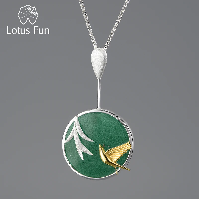 Lotus Fun Swallow and Willow in Spring Wind Round Pendant 925 Sterling Silver Chains and Necklaces for Women Statement Jewelry