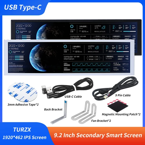Pantalla secundaria USB de 9,2 pulgadas tipo C resolución 1920*462 TURZX IPS Software de pantalla inteligente CPU RAM Monitor de ordenador No AIDA64