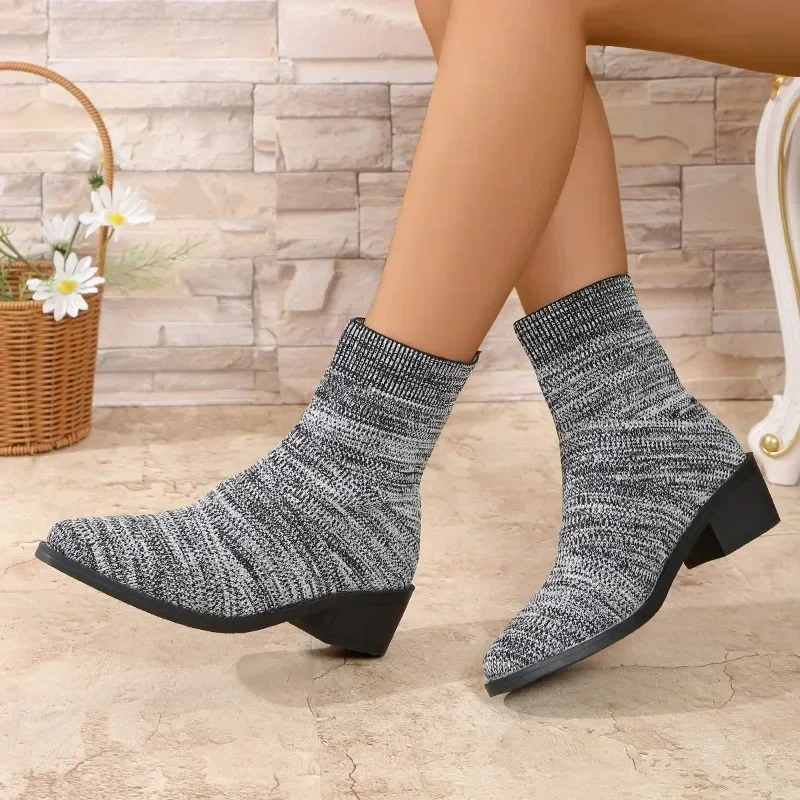 Shoes for Women 2024 Hot Sale Sleeve Women's Boots Autumn Pointed Toe Mesh Mixed Colors Middle Tube Block Heels Fashion Boots