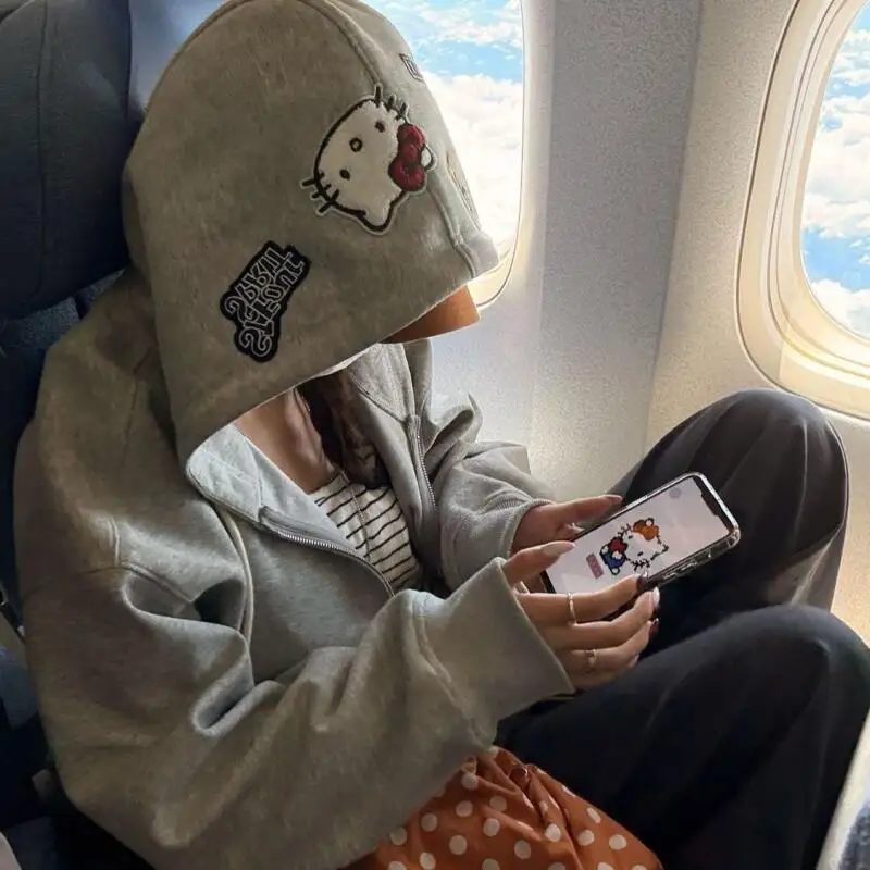 

Толстовка с капюшоном и вышивкой в стиле аниме Sanrioed Hello Kittys, женский свободный кардиган, пальто в стиле Харадзюку, куртка на молнии для девочек, повседневные топы