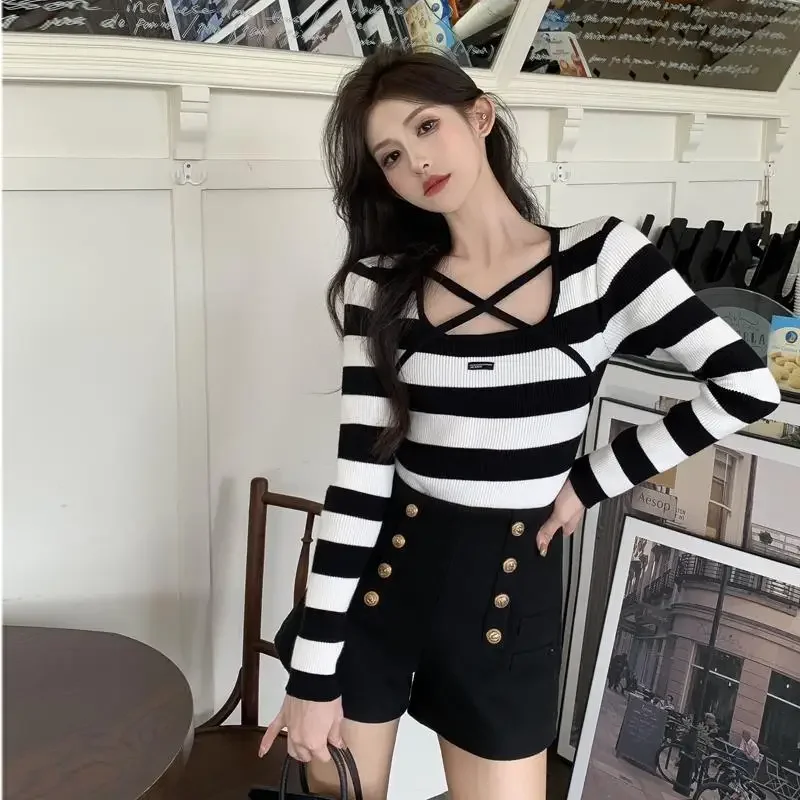 

Contrast Striped Slim Sweaters Long Sleeve Youth All-match High Street Pullovers Top Spring Autumn Sweet Fashion Women Clothing