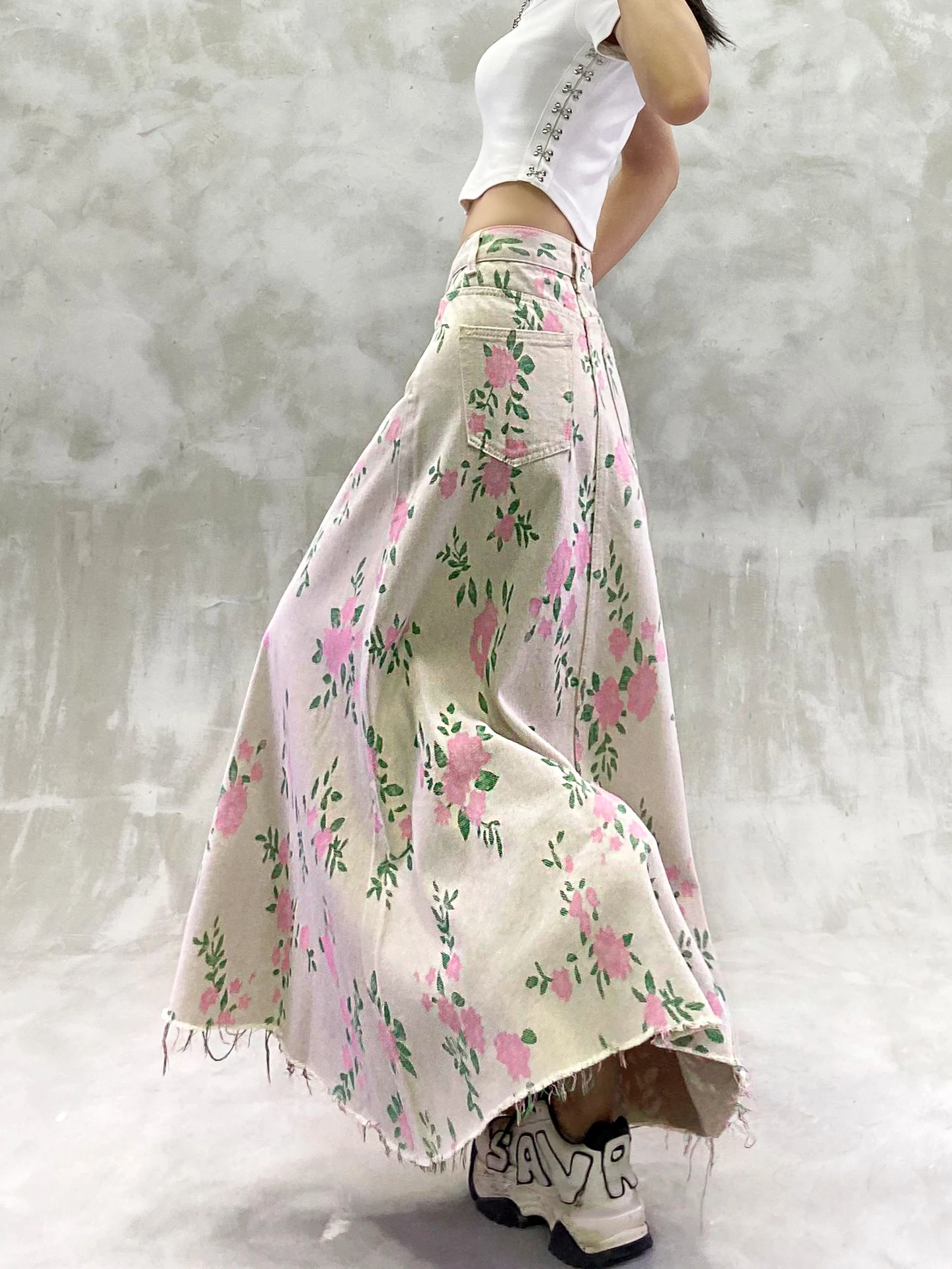 TIYIHAILEY New Vintage Long Maxi Women High Waist Spring Summer Denim Lady Printed Skirt With Pockets Ladies A-line