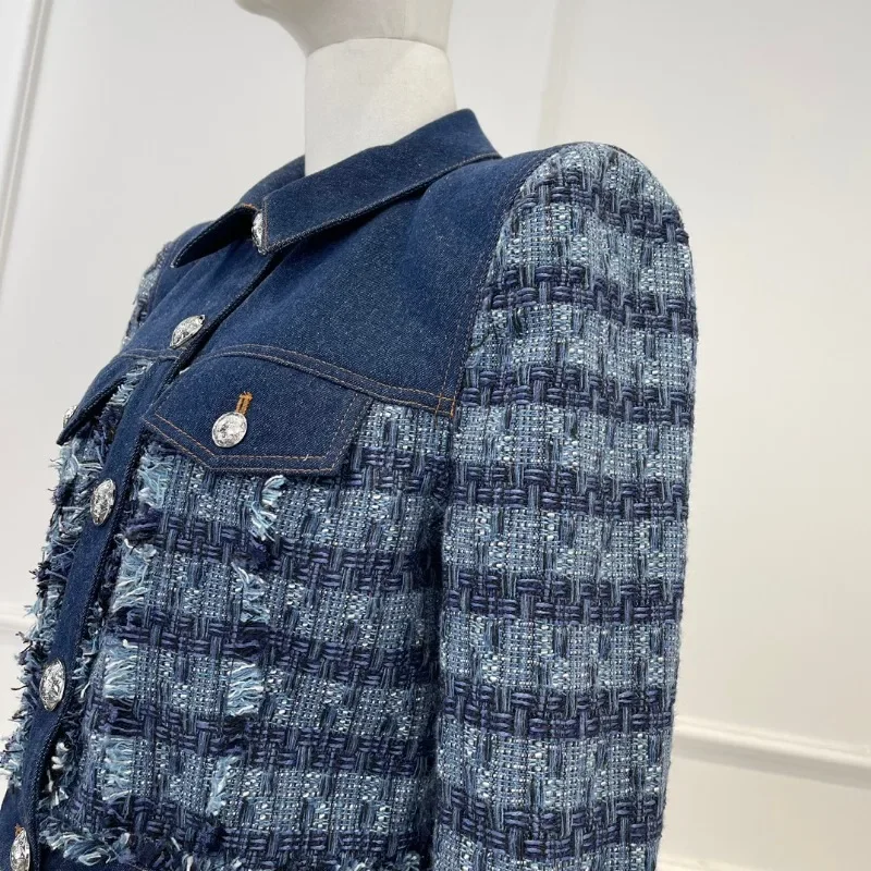 2023 Summer Autumn Latest Women Fashion Blue Office Lady Striped Tweed Jacket Coat