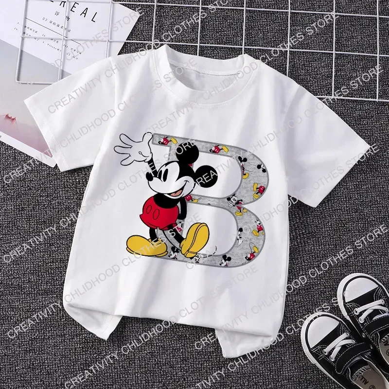 Mickey Mouse Children\'s T-Shirt Letter A B C Name Combination Tee Shirts Disney Cartoons Kawaii Kid Casual Clothes Girl Boy Tops