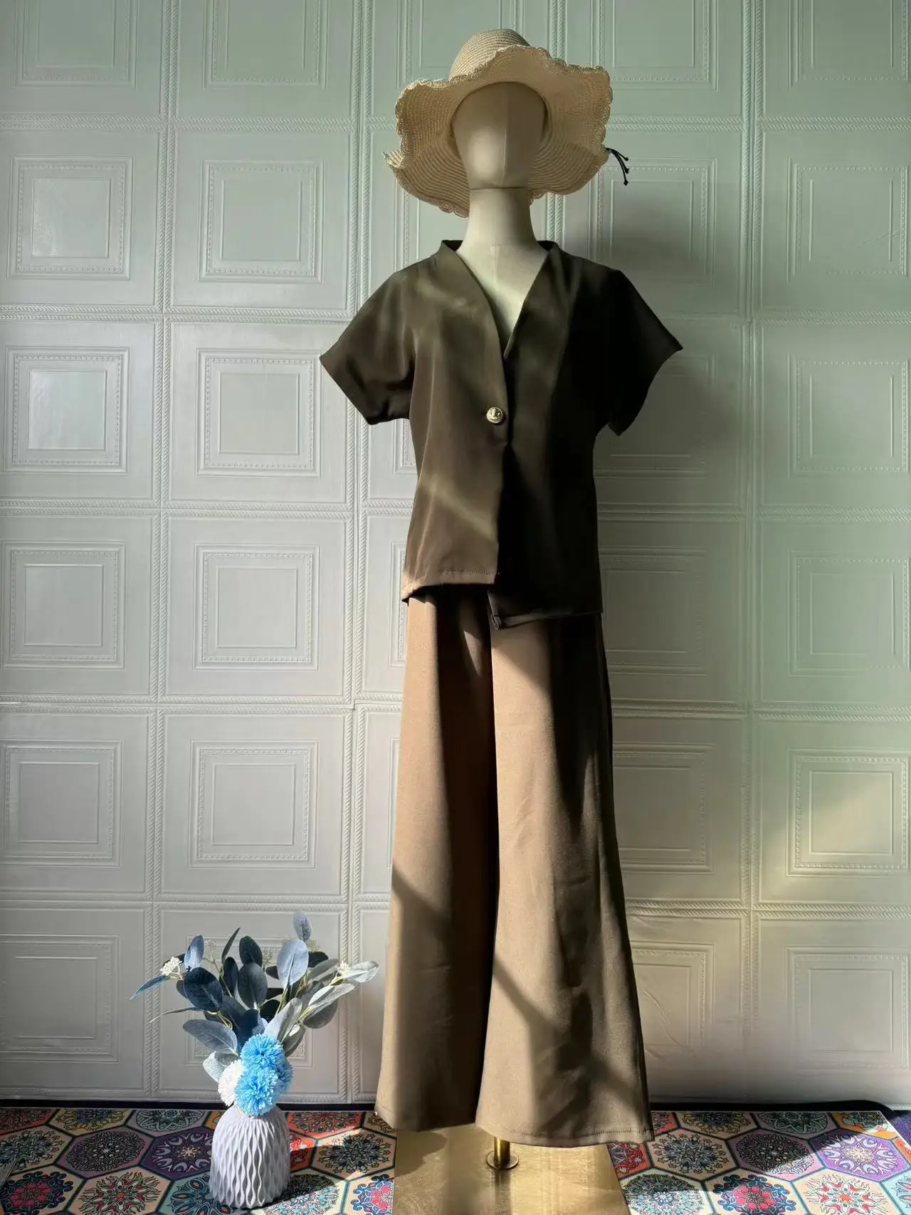 레그 포켓 지퍼 팬츠 2026 봄 여름 캐주얼 여성 정장 빈티지 솔리드 탑 바지 반팔 버튼 브이넥 셔츠 와이드