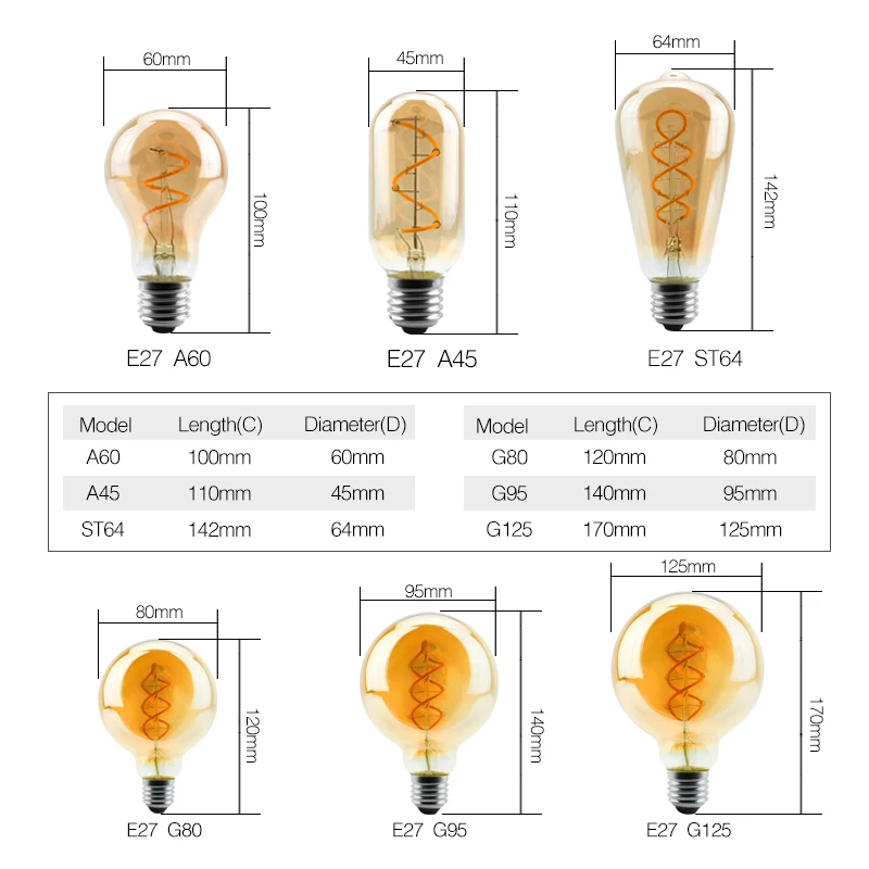 4pcs/lot E27 E14 LED Bulb AC 220V Vintage Spiral LED Filament Light Bulb C35 A60 T45 ST64 T185 T225 G80 G95 G125 4W Edison Lamp