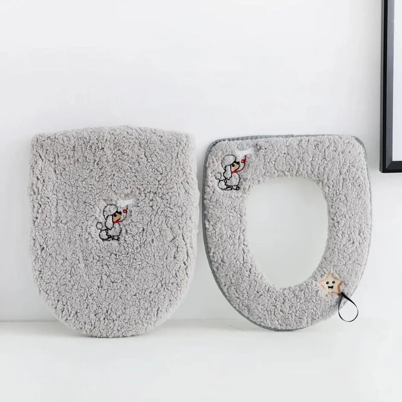 2 Pcs/Set Toilet Seat Mat Set Zipper Toilet Seat Covers Soft Warmer Coral Velvet Bathroom Mat Universal Toilet Seat Covers