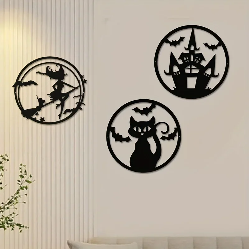 HELLOYOUNG Metal Home Decoration Halloween Witch Cat Bat Castle Pattern Frameless Pendant Creative Iron Art Metal Wall Hanging D