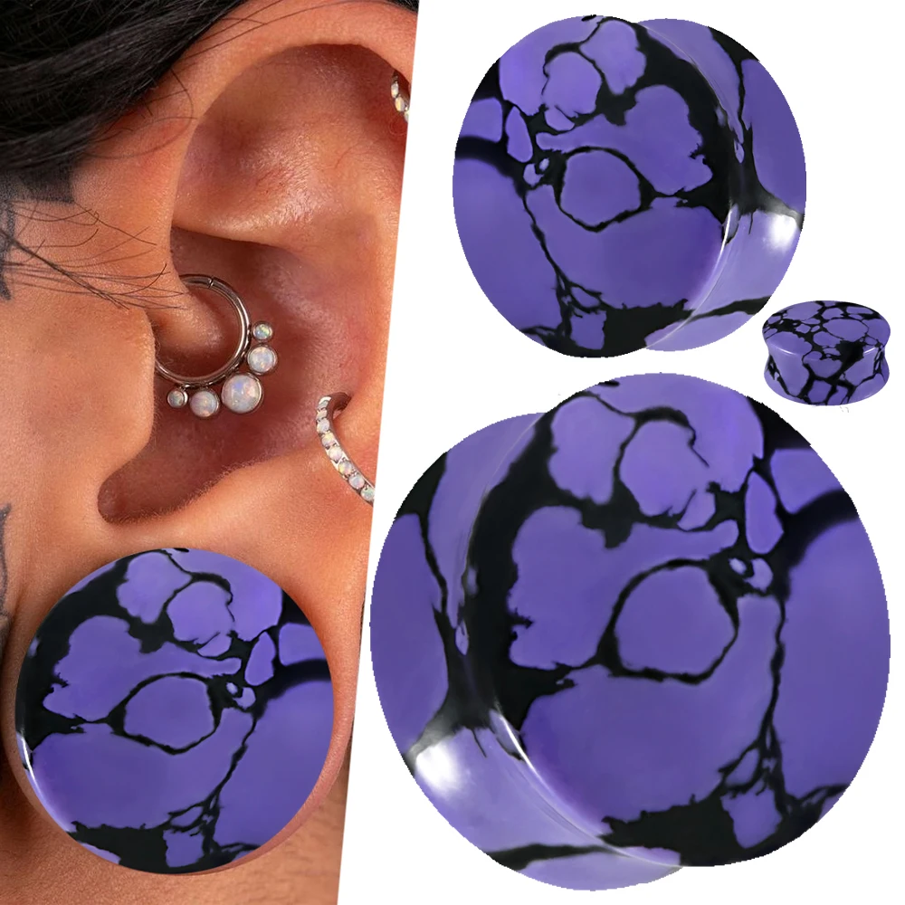 1PC fioletowy i czarny Howlite kamień zatyczki do uszu wskaźniki stałe tunele Expander nosze moda Piercing biżuteria do ciała 6mm-30mm