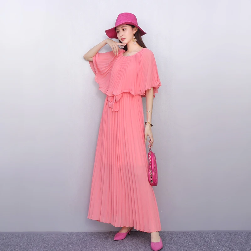 

2025 Summer New Elegant Women Loose Folds O-Neck Long Dresses Female Short Sleeve Dress Wholesale J1208