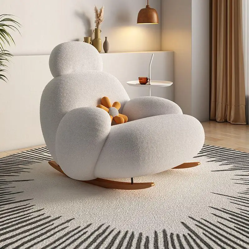 

Balcony recliner single sofa chair white fabric upholstered lounge chair wooden legs relax lazy rocking comfortable chair