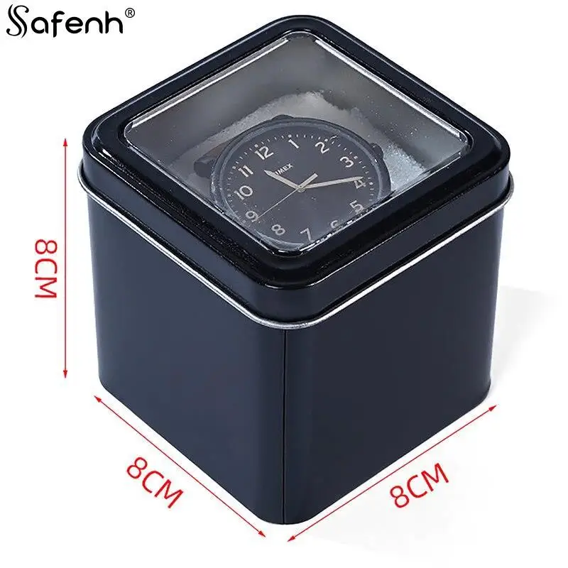 8CM Square Black Watch Organizer Box Show Holder Tinplate Can Metal Sealed Jewelry Gift Box Display Case With Cushion