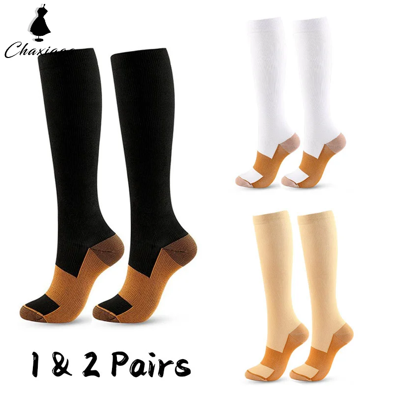 1&2 Pairs Compression Socks Women Men Varicose Copper Anti Fatigue Pain Relief Graduated Unisex Stockings Knee High 15-20 MmHg ﻿