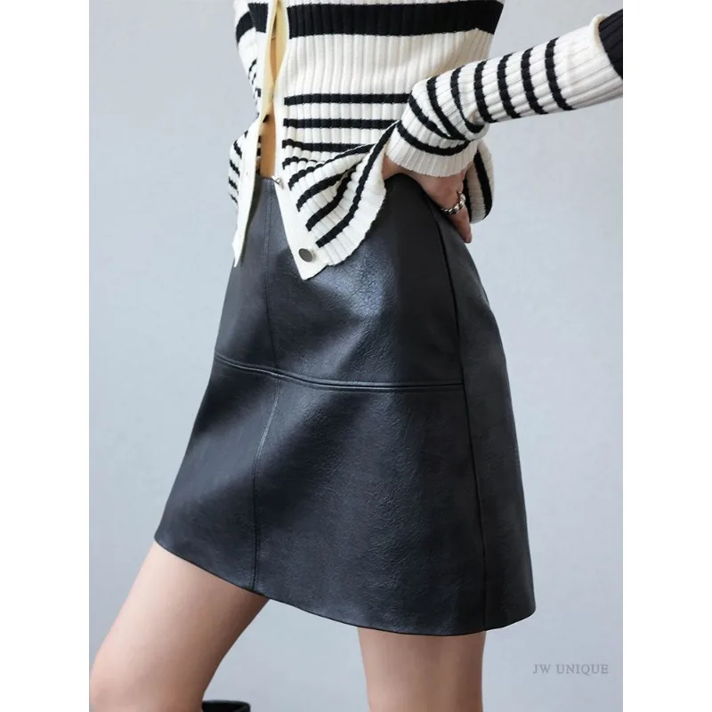 Women Autumn Faux Leather High Waist A Line Mini Skirt Slim Fit PU Leather Short Skirt For Petite