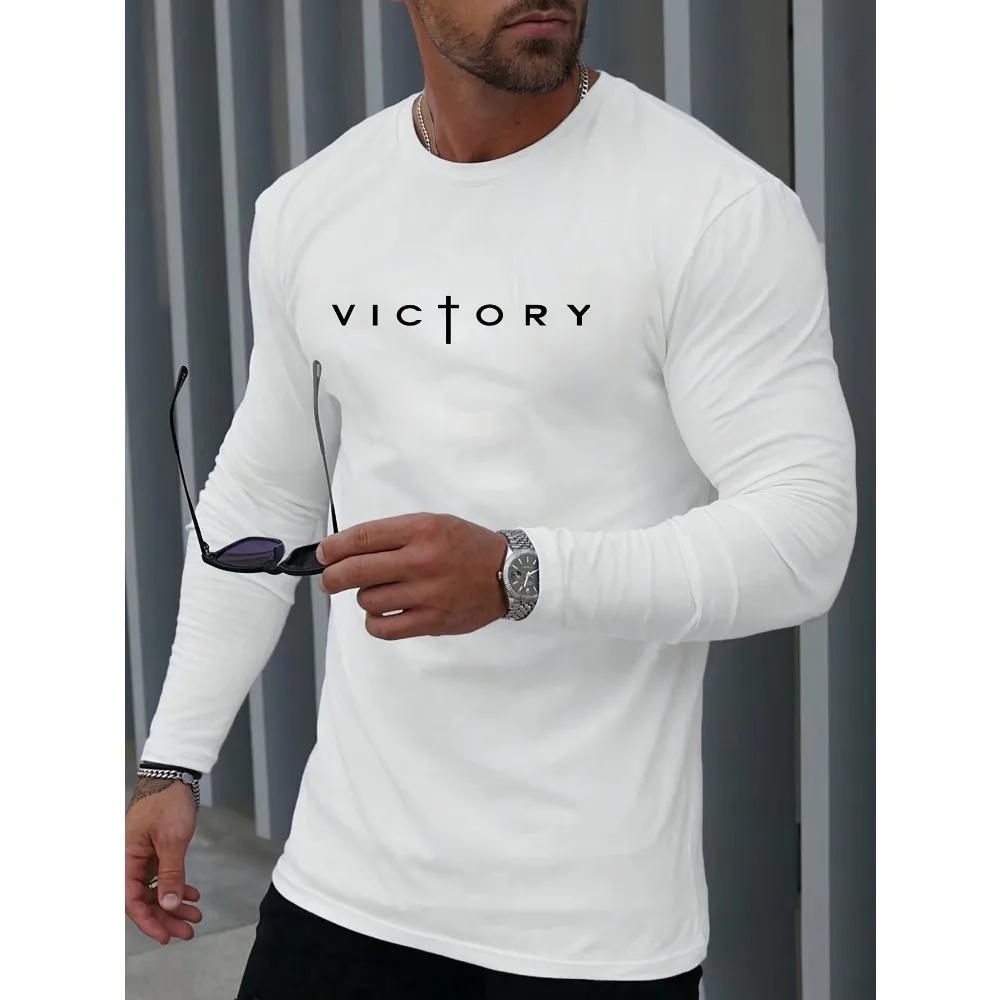 

Men's Print Long Sleeve T-Shirt Casual Crew Neck Regular Fit Polyester Knit Stretch Fall/Winter Fashion Warm Layering Top