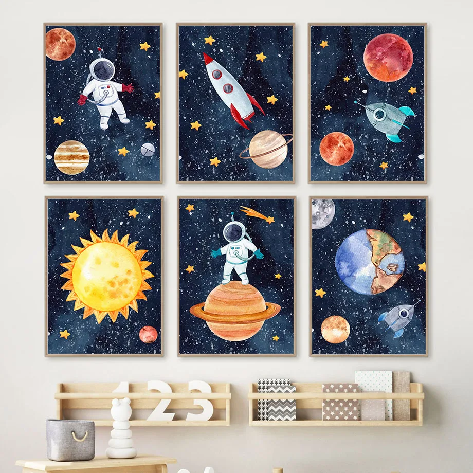 

Boho Space Astronaut Rocket Sun Moon Earth Nursery Poster Wall Art Print Canvas Painting Aesthetic Pictures Baby Boy Room Decor